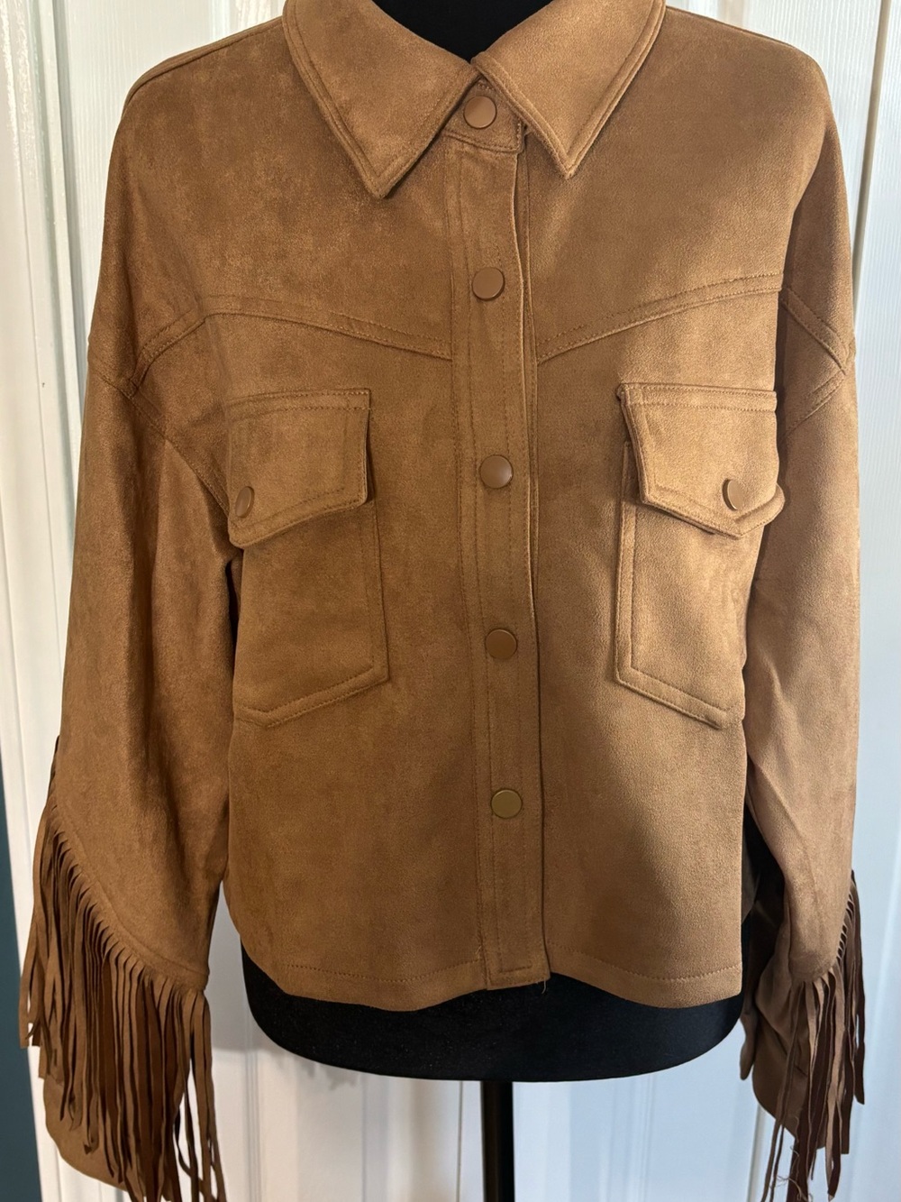 Papermoon Suede Fringe Button-Front Shacket in Tan Size M